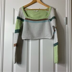 100% cotton Cropped Open Knit Sweater in White Green Tan Size L